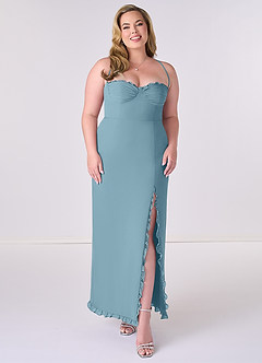 Barbie ♥ Azazie Robes de demoiselle d'honneur Robe Fourreau en Mousseline de soie Corset Bleu Maussade image6