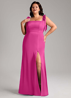 Azazie Frostine Bridesmaid Dresses Fuchsia A-Line Bow Stretch Satin Dress image7