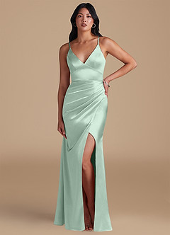 Azazie Shania Bridesmaid Dresses Agave Sheath Pleated Metallic Satin Dress image1