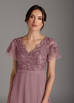 Azazie Singer Mother of the Bride Dresses Dusty Rose A-Line V-Neck Lace Chiffon Dress image6