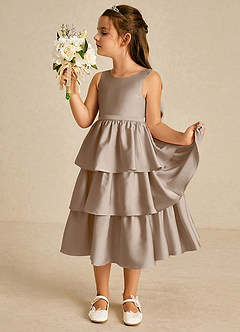 Azazie Margery Flower Girl Dresses Taupe A-Line Bow Stretch Satin Dress image4