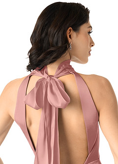 Azazie x Delaney Bridesmaid Dresses Rosette Sheath High Neck Stretch Satin Dress image5