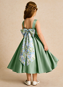 Azazie Doodlebug Flower Girl Dresses Matcha A-Line Bow Matte Satin Dress image3