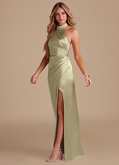 Azazie Jemma Bridesmaid Dresses Moss Green Sheath Pleated Metallic Satin Dress image4