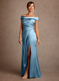 Azazie Bedford Mother of the Bride Dresses Steel Blue Sheath Pleated Stretch Satin Dress image2