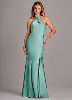 Azazie Lorena Bridesmaid Dresses Aqua Mermaid Pleated Stretch Satin Dress image4