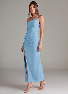 Azazie Eren Robes de demoiselle d'honneur Robe Sirène en Mousseline de soie Une épaule Acier Bleuté image5