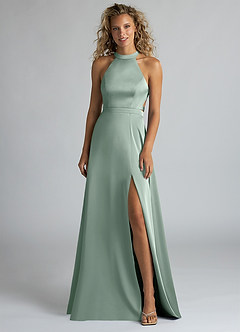 Azazie Clarice Kleider zum Anprobieren zu Hause Eine Linie Hoher Kragen Stretch-Satin Kleid Agave image4