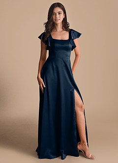 Azazie Bondi Bridesmaid Dresses Dark Navy A-Line Bow Metallic Satin Dress image5