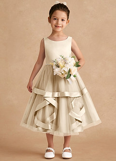 Azazie Posy Flower Girl Dresses Champagne A-Line Beaded Tulle Dress image4
