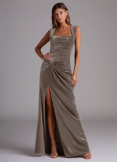 Azazie Genesis Bridesmaid Dresses Silver Taupe Sheath Pleated Velvet Dress image1