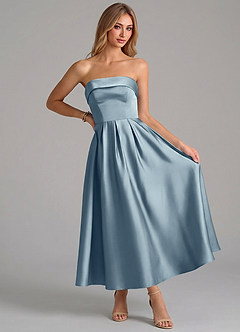 Azazie Lucienne 신부 들러리 드레스 A라인 주름진 스트레치 새틴 발목 길이 드레스 image5