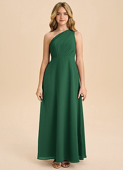 Azazie Phaedra Junior Abito A-Line in Chiffon Plissettato Verde Scuro image4