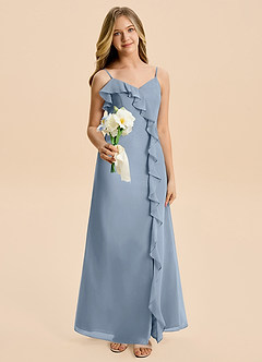 Azazie Iris Junior Dusty Blue A-Line Ruched Chiffon Dress image5