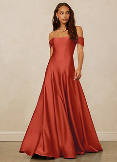 Christian Siriano Bridal for Azazie 1002 Bridesmaid Dresses Rust A-Line Off the Shoulder Stretch Satin Convertible Dress image1