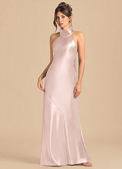 Azazie Velli 신부 들러리 드레스 쉬스 하이넥 메탈릭 새틴 바닥 길이 드레스 image3