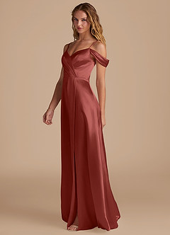 Azazie Ocean Bridesmaid Dresses Terracotta A-Line Off the Shoulder Metallic Satin Dress image4