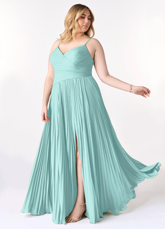 Azazie Vini Bridesmaid Dresses Aqua A-Line V-Neck Pleated Chiffon Dress image10