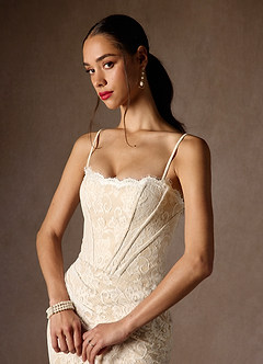 Azazie Starla Trouwjurken Jurk van Kant met Kolom Strapless Diamant Wit Champagne image4