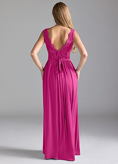Azazie Elly Bridesmaid Dresses Fuchsia A-Line Lace Stretch Satin Dress image3