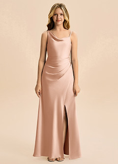 Azazie Abby Junior Robe Trapèze en Satin extensible Plissée Or Rose image5