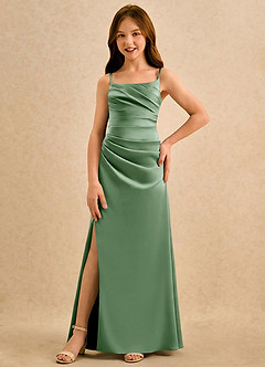 Azazie Cannoli Girls Formal Robe Demoiselle D'honneur Fillette Robe Trapèze en Mat Satiné Plissée Matcha image3