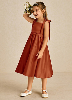 Azazie Chelsie Flower Girl Dresses Paprika A-Line Bow Matte Satin Dress image4