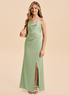 Azazie Christen Junior Vestido de Salvia Polvorienta de Satén Elástico de Corte en A con Plisado image1