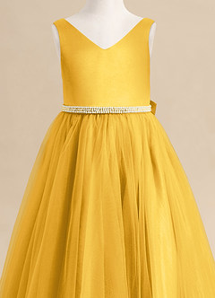 Azazie Firefly Flower Girl Dresses Marigold A-Line Bow Matte Satin Dress image5
