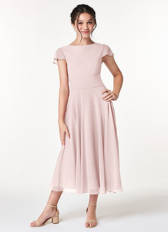 Azazie Payton Junior Robe Trapèze en Mousseline de soie Arc Rose Pâle image1