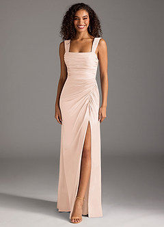 Azazie Jesaphine Bridesmaid Dresses Blushing Pink Sheath Bow Stretch Satin Dress image1