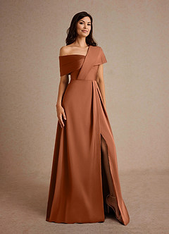 Azazie Milton At-home Try On Dresses Copper A-Line Pleated Stretch Satin Dress image8