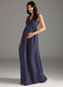 Azazie Yetta vestidos de dama de honor de maternidad Vestido de Corte En A Plisado Hasta el suelo Satén Elástico image1