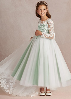 Azazie Elodie vestidos de niña de las flores Vestido de Marfil Matcha de Encaje de Princesa image5