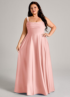 Azazie Shaude Bridesmaid Dresses Powder Pink A-Line Pleated Stretch Satin Dress image12
