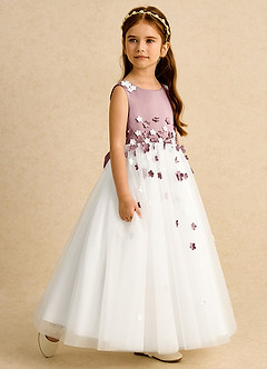 Azazie Eleni Blumenmädchenkleider Ballkleid Schleifen Tüll Kleid Elfenbein Altrosa image6