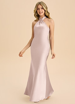 Azazie Chickie Junior 쉬스 주름진 스트레치 새틴 플로어 길이 주니어 신부 들러리 드레스 image5