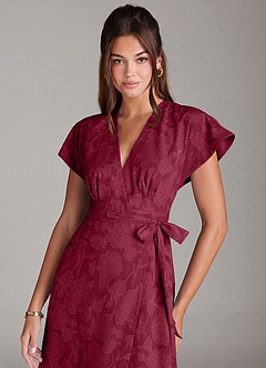 Azazie Ling Bridesmaid Dresses Burgundy A-Line Pleated Floral Burnout Dress image2
