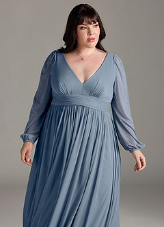 Azazie Norah Bridesmaid Dresses Twilight A-Line V-Neck Long Sleeve Chiffon Dress image12