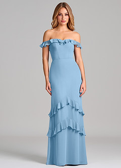 Azazie Marilynn Final Sale Steel Blue Mermaid Off the Shoulder Chiffon Dress image3