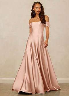 Christian Siriano Bridal for Azazie 1002 Bridesmaid Dresses Rose Gold A-Line Off the Shoulder Stretch Satin Convertible Dress image1