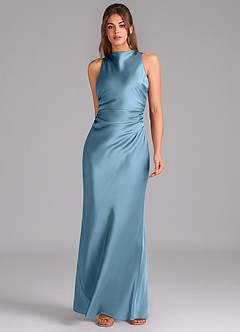 Azazie Evadne Bridesmaid Dresses Steel Blue A-Line Pleated Stretch Satin Dress image3