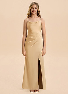 Azazie Christen Junior Gold A-Line Pleated Stretch Satin Dress image4