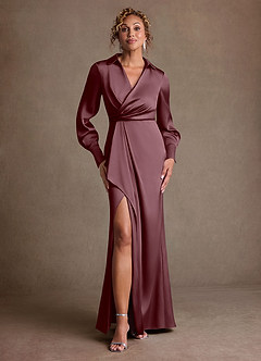 Azazie Jacinta Mère de la mariée Robes Robe Fourreau en Satin extensible Plissée Sangria image1