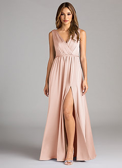 Azazie Tanicia Bridesmaid Dresses Blushing Pink A-Line Pleated Stretch Satin Dress image1