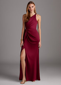 Azazie Mika Bridesmaid Dresses Burgundy Sheath One Shoulder Stretch Satin Dress image3