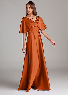 Azazie Pamela Vestidos de damas de honor Vestido de Naranja Quemada de Satén Elástico de Corte en A con Plisado image3