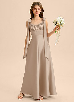 Azazie Halley Junior Vestido de Gris Pardo de Satén Elástico de Corte en A con Lazo image1