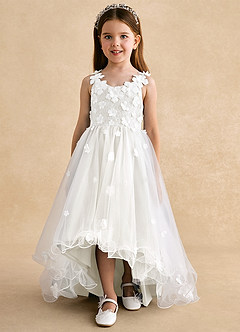 Azazie Celia vestidos de niña de las flores Vestido de Diamante Blanco de Tul de Corte en A con Encaje image7