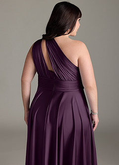 Azazie Charlize Bridesmaid Dresses Plum A-Line One Shoulder Stretch Satin Dress image16